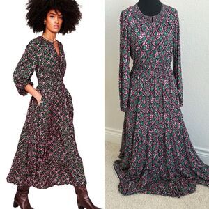 BODEN Smock Tiered Jersey Multicolor Floral Print Long Sleeve Midi Dress 8L Boho